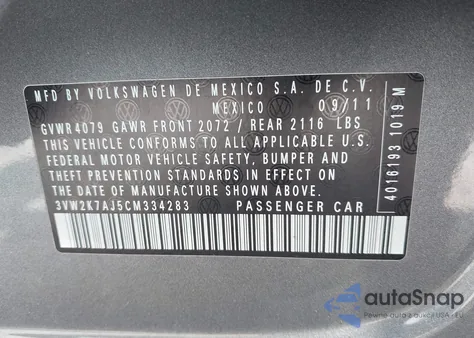 2012 Volkswagen Jetta S из США, поврежденный, VIN 3VW2K7AJ5CN334283